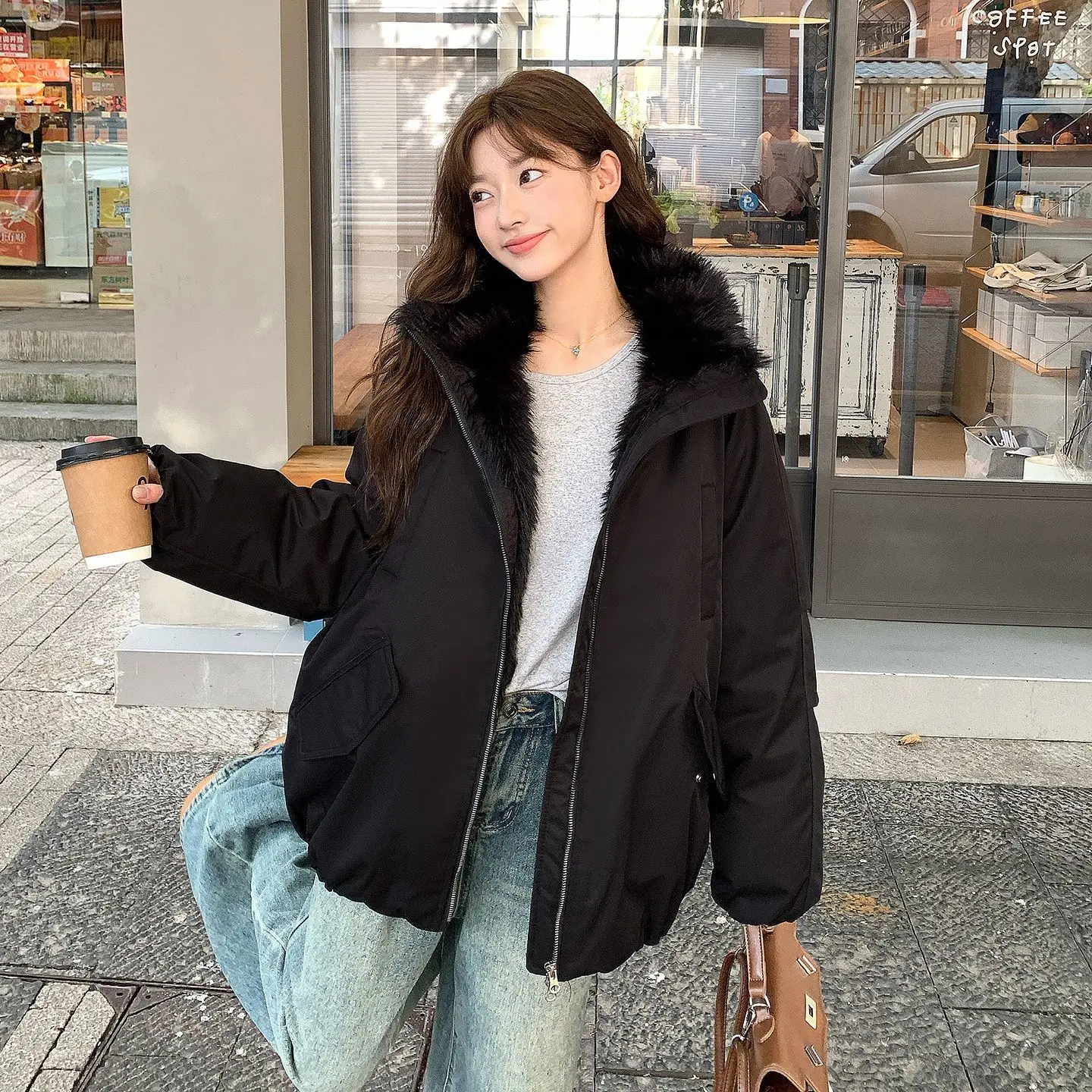 American Retro Style Long Sleeve Short Hooded Parkas Women Pure Color Vintage Coat Zipper Faux Fur Collar Jacket 2025 Winter