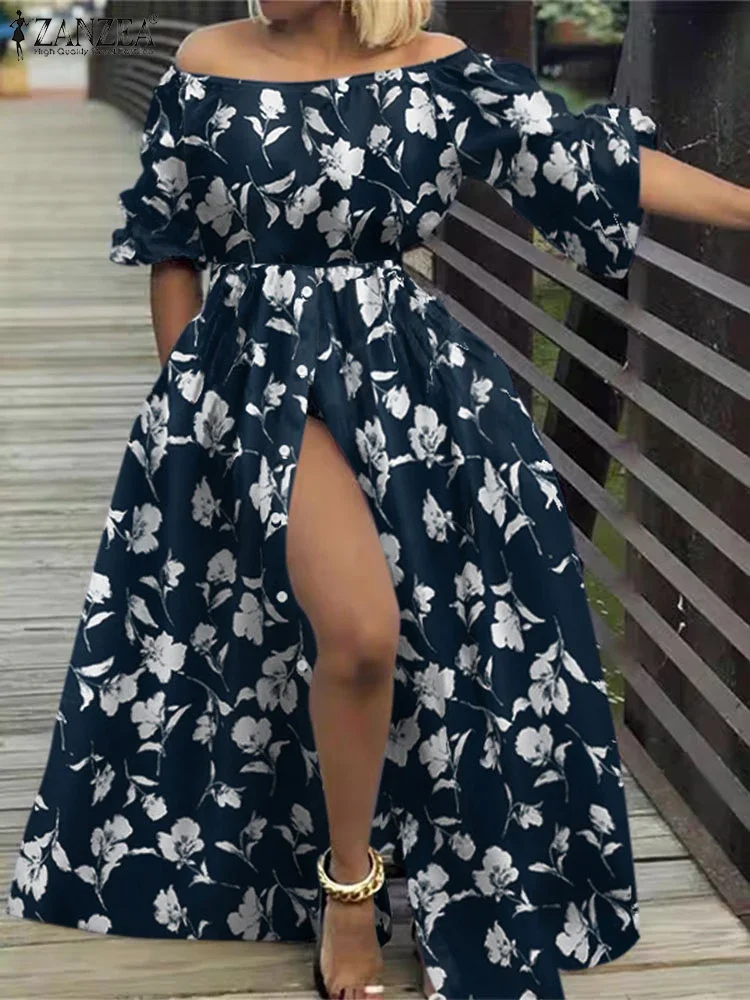 

2025 Summer Off The Shoulder Robe ZANZEA Women Floral Printed Sundress Bohemian Sexy Maxi Dresses Holiday Buttons Long Vestidos