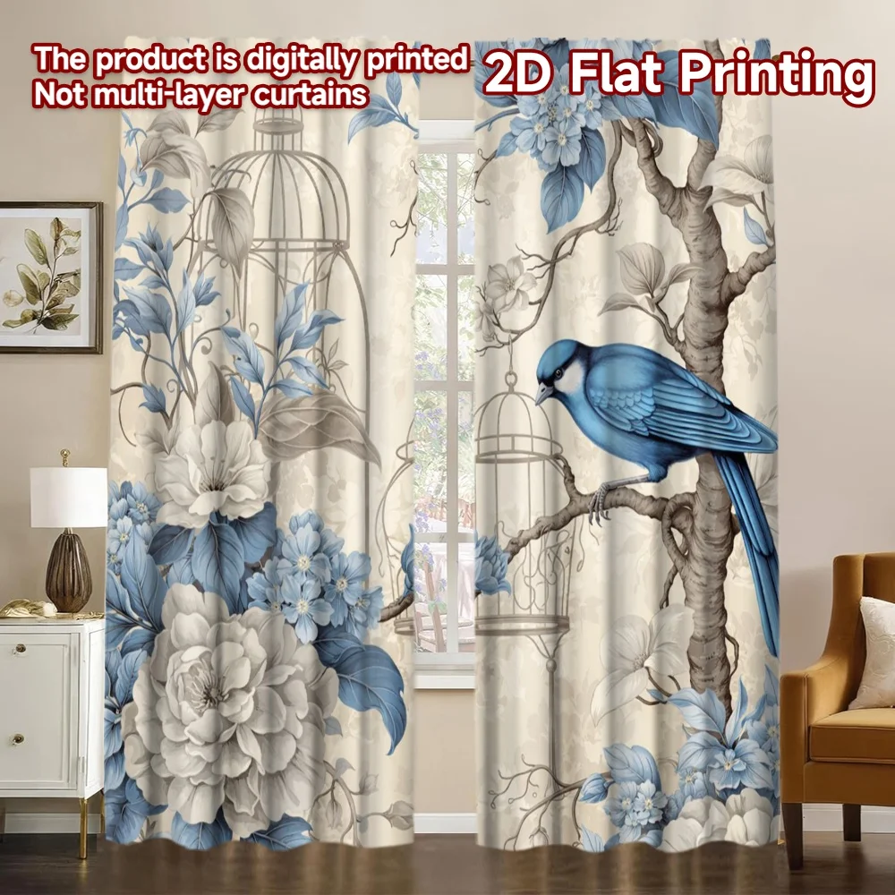 2D FLAT PRINTING 2 Stück Vorhänge (ohne Stange) Blauer Vogel und Blüten Beliebte Vorhänge Halbtransparente Vorhänge Raumdekoration Geeignet für