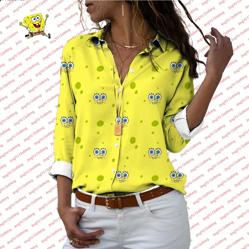 

3D Fashion Trend Comfortable and Versatile Casual Shirt SpongeBob Cartoon Printed Ladies Long Sleeve Lapel Shirt