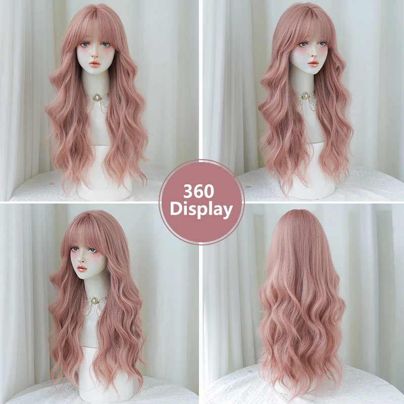 7JHH WIGS Costume Wig Synthetic Body Wavy Sweet Pink Wig for Women Daily Use Fashion Loose Sakura Pink Wigs with Fluffy Bangs