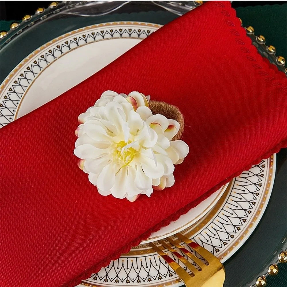 6pcs Silk Cloth Artificial Flower Napkin Rings White 3.15×2.95in Fake Floral Napkin Holders Handmade Loop Floral Napkin Rings