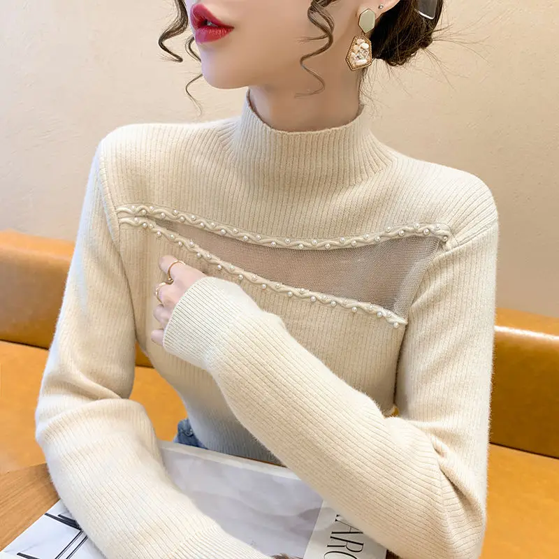 Jesień Zima Damska 2024 Nowy Spliced Half High Collar Gauze Hollow Out Fashion Solid Color Slim Casual Long Sleeve Knitted Top