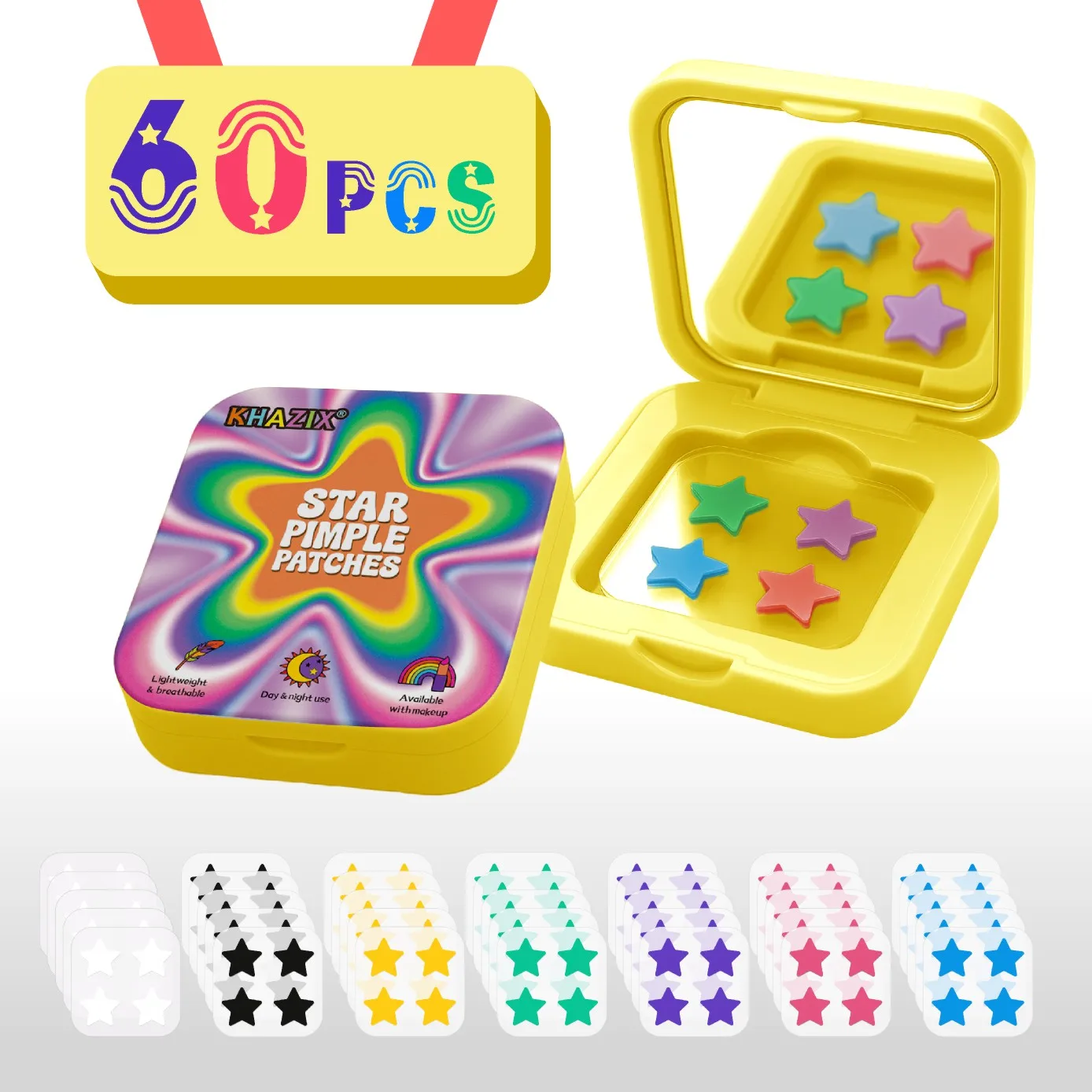 The 60Pcs small mirror box packaging is convenient to carry. It includes acne patches, acne-covering patches, hydrocolloid acne