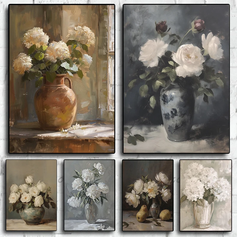 Hydrangeas in Aged Vessel Still Life Oil Painting Posters Prints Canvas Printing Retro Wall Art Pictures Living Room Home Dec