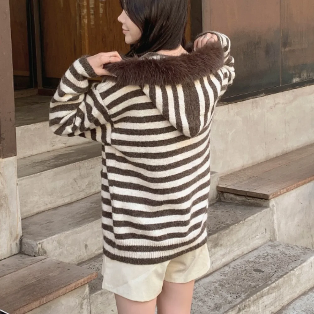 Abrigo de piel de punto para mujer con capucha a rayas corte holgado Otoño Invierno nueva ropa de abrigo Sle Faion cómoda Top largo Sve
