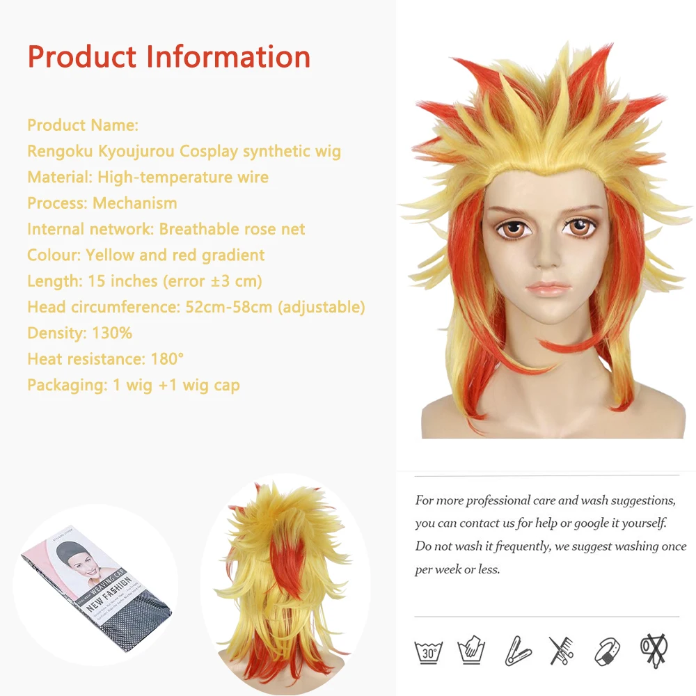 Anime Rengoku Kyoujurou ‌   Capelli sintetici cosplay per uomini e donne, adatti per parrucche resistenti al calore per feste quotidiane