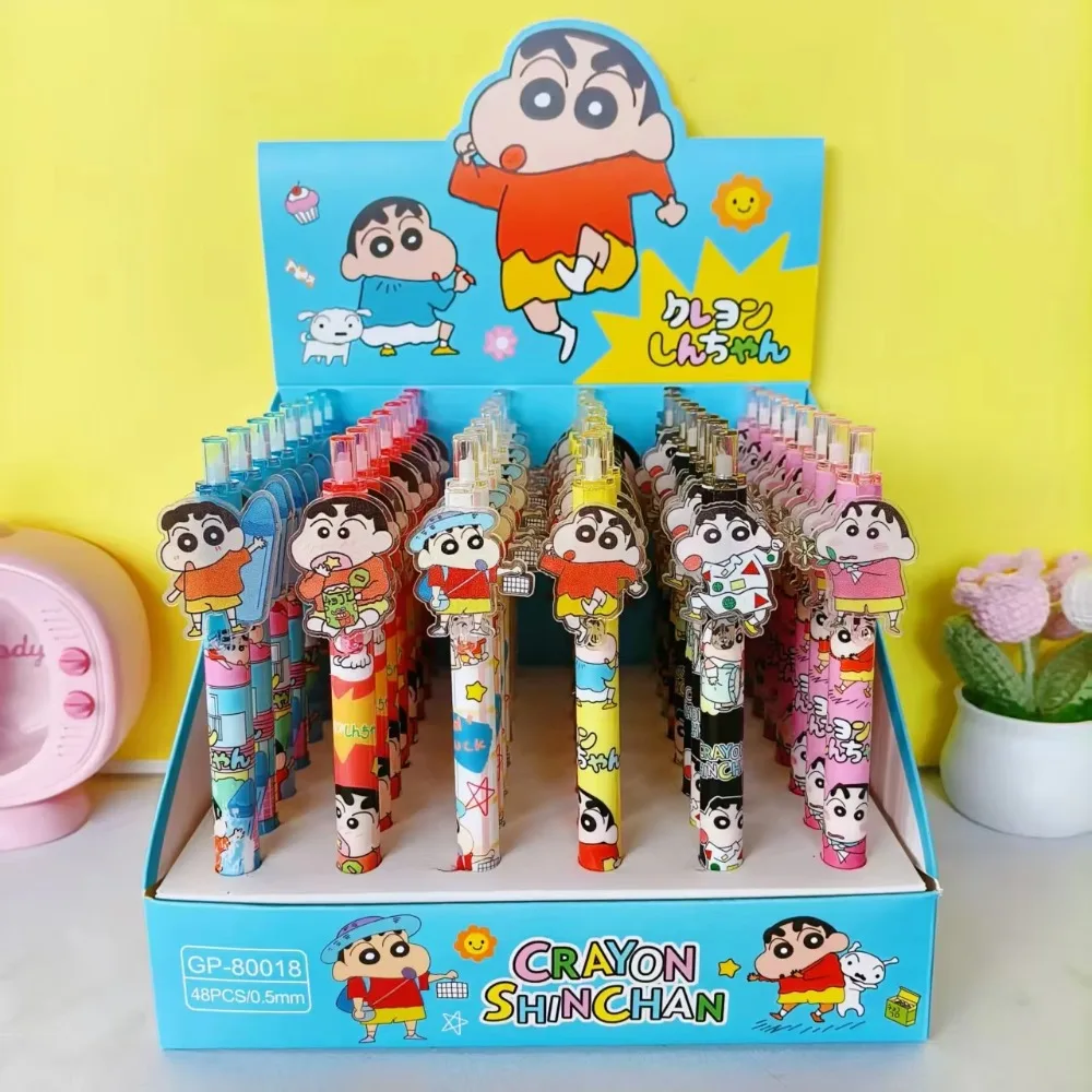 48PCS Kawaii Crayon Shin-Chan Gel Pens Cartoon 0. 5Mm Black Ballpoint Pen Study Stationery Office Writing Tool Fans Gifts