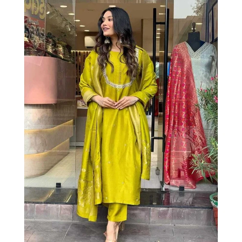 Yellow Color Wedding Birthday Haldi Partywear Salwar Suit Kurti Pant & Dupatta