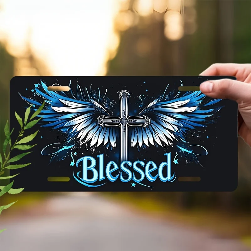 2D Flat Cross with Wings and Holy Card Cover - Front Plate, Blue/white/black Religious Design with Stars And