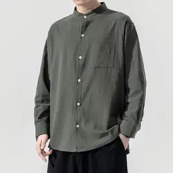 Spring Summer Men Thin Linen Stand Collar Long Sleeve Shirt Korean Streetwear Big Size Oversized Vintage Casual Versatile Tops