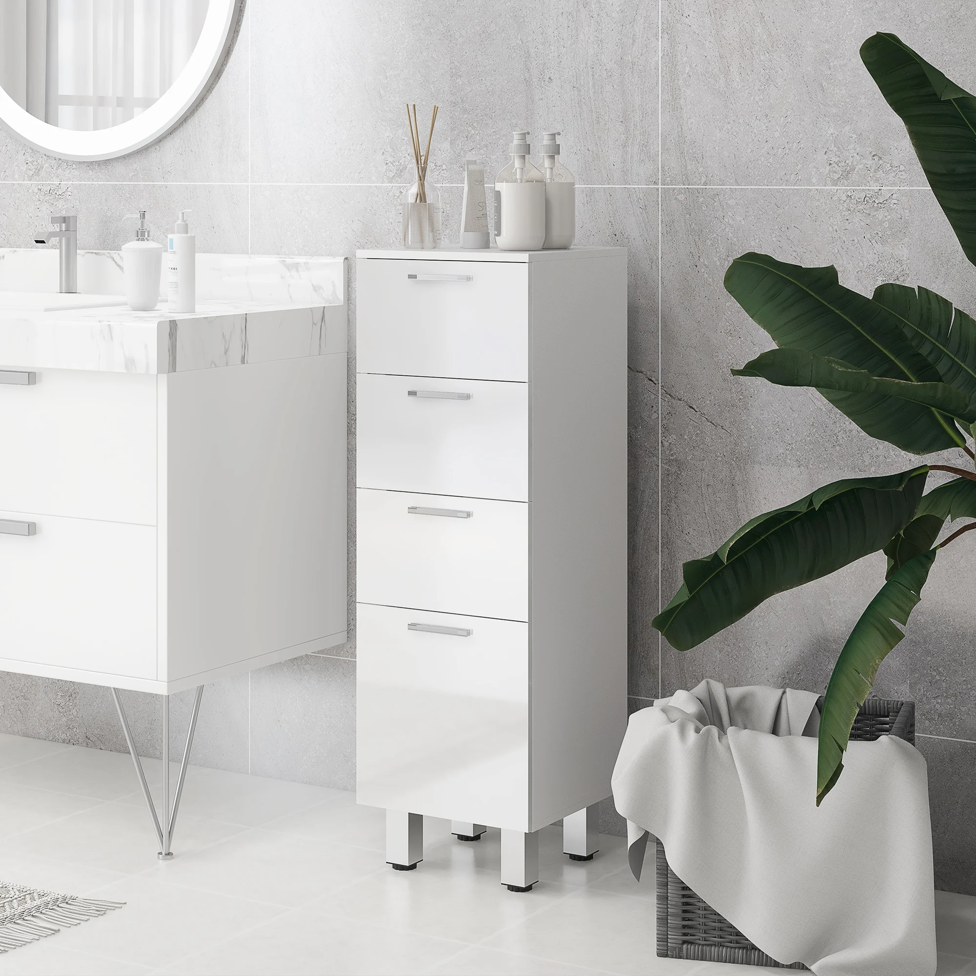 kleankin Mueble Auxiliar Baño con 4 Cajones y 4 Patas 30x30x93 cm Blanco