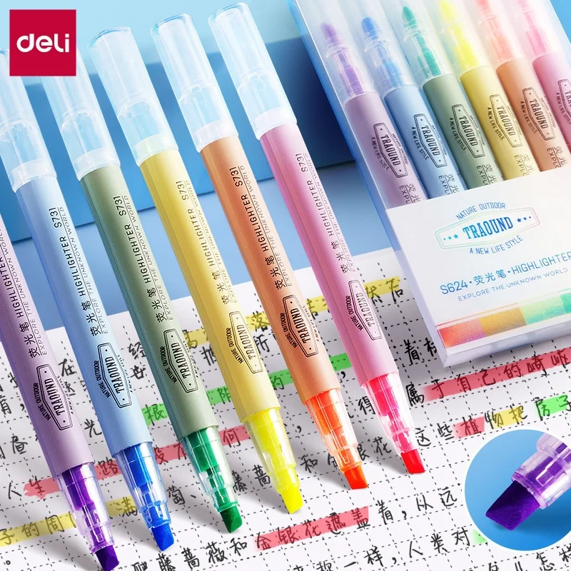 DELI Mini-Textmarker-Set, 6 Stück, Taschenformat-Hervorhebungsstifte, Marker mit Meißelspitze für Lehrbücher, Notizen, Büro- und Schulbedarf