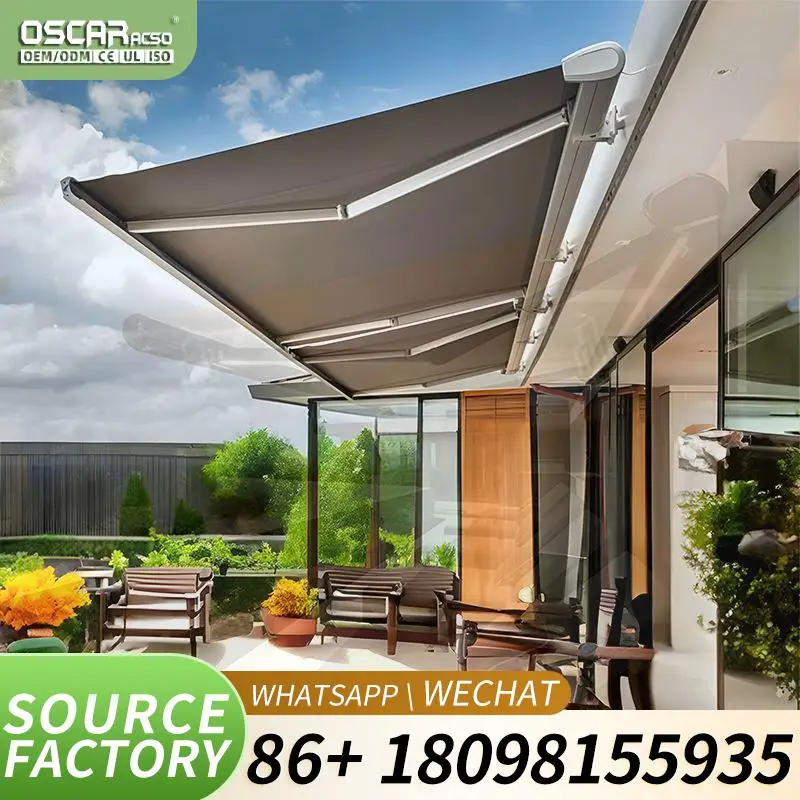 Outdoor Customizable Size PVC Awning Shade with LED Lighting Patio Garden Balcony Use Retractable Awning
