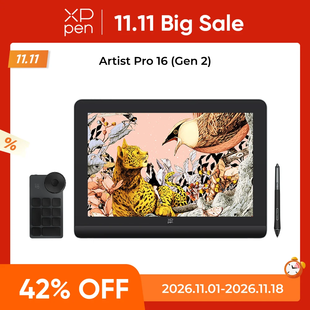XPPen Artist Pro 16 2세대 그래픽 태블릿 모니터, 16 인치 드로잉 디스플레이, 16K 압력 레벨, 2.5K 해상도, 윈도우 안드로이드 맥용