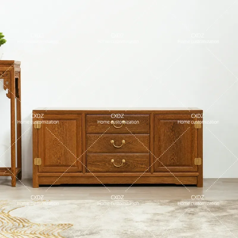 Antique Chinese Style TV Cabinet for Living Room Solid Wood Floor Standing Media Console with Drawers and Locker Simple