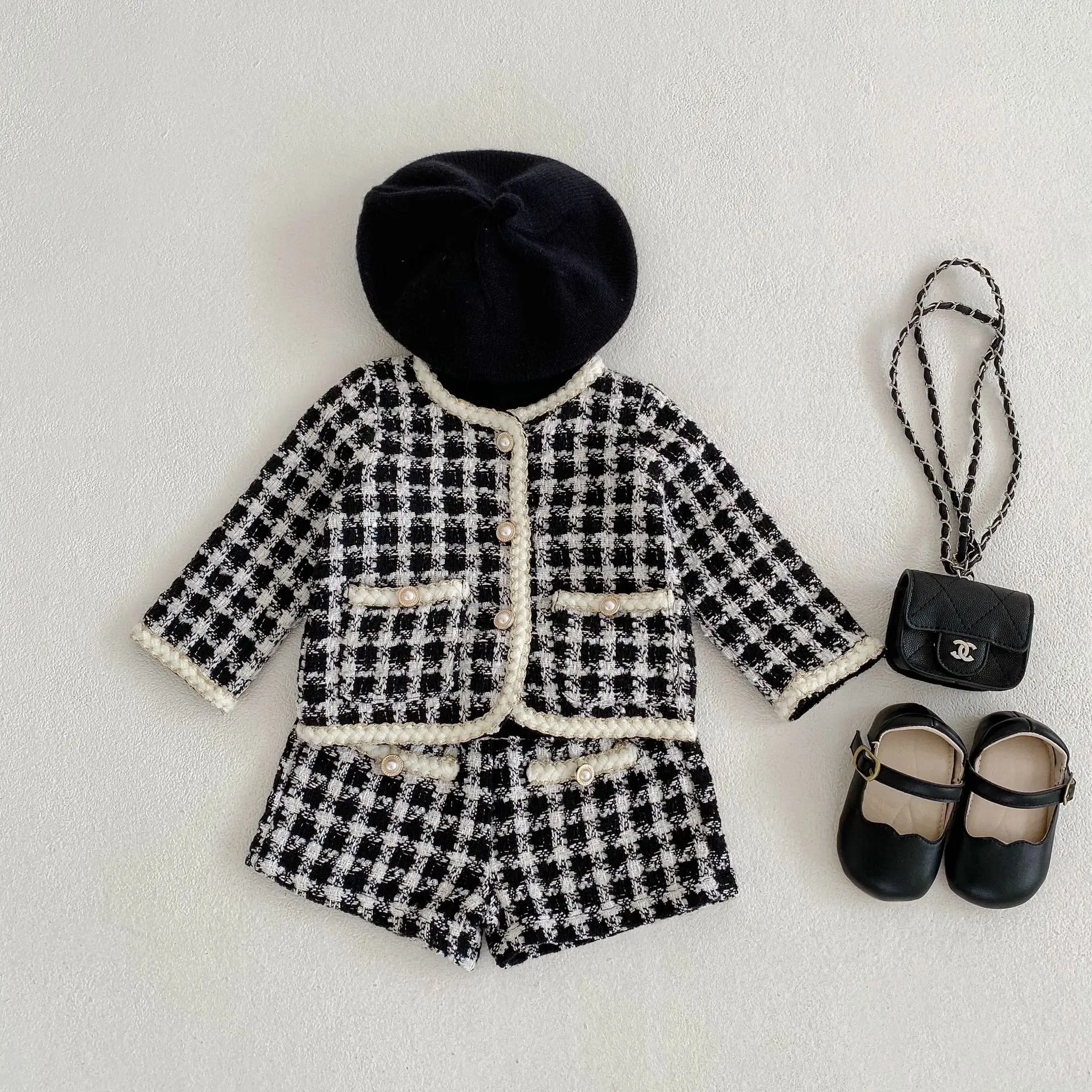 5478 Baby Clothing Set 2026 New Korean Tweed Plaid Baby Girl's Suit Long-sleeved Coat+Short Pants Boutique Two-piece Suit