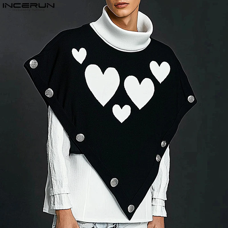 INCERUN Tops 2024 American Style Fashion Men's Printed Heart Metal Buckle Design Cape Coat Casual Streetwear Personality Trench