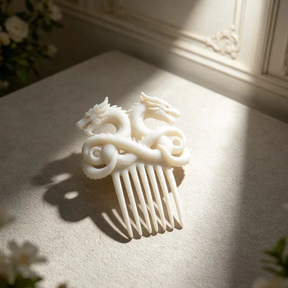 3D Printed White Interlocking Dragon Decorative Hair Comb Ornament For Fantasy Theme Home Decor Gift Idea