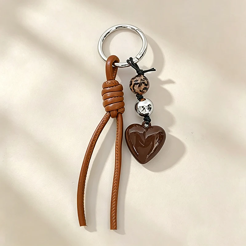 Vintage Leopard Patterned Beaded Heart Keychain Woven Leather Rope Backpack Pendant Beaded Handmade Bag Charm