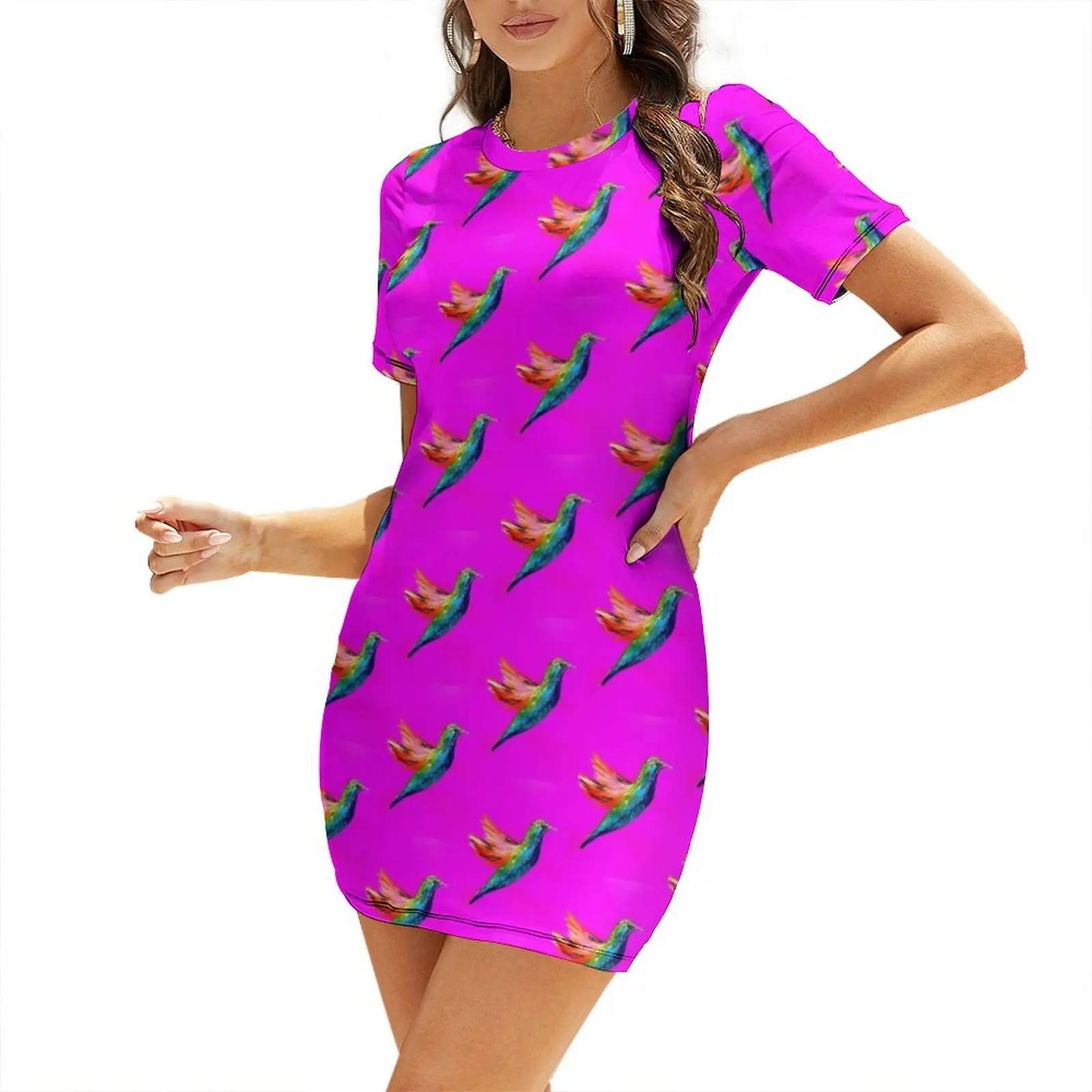 

Hot pink with hummingbird Short-Sleeved Dress Prom gown dress for woman Dress