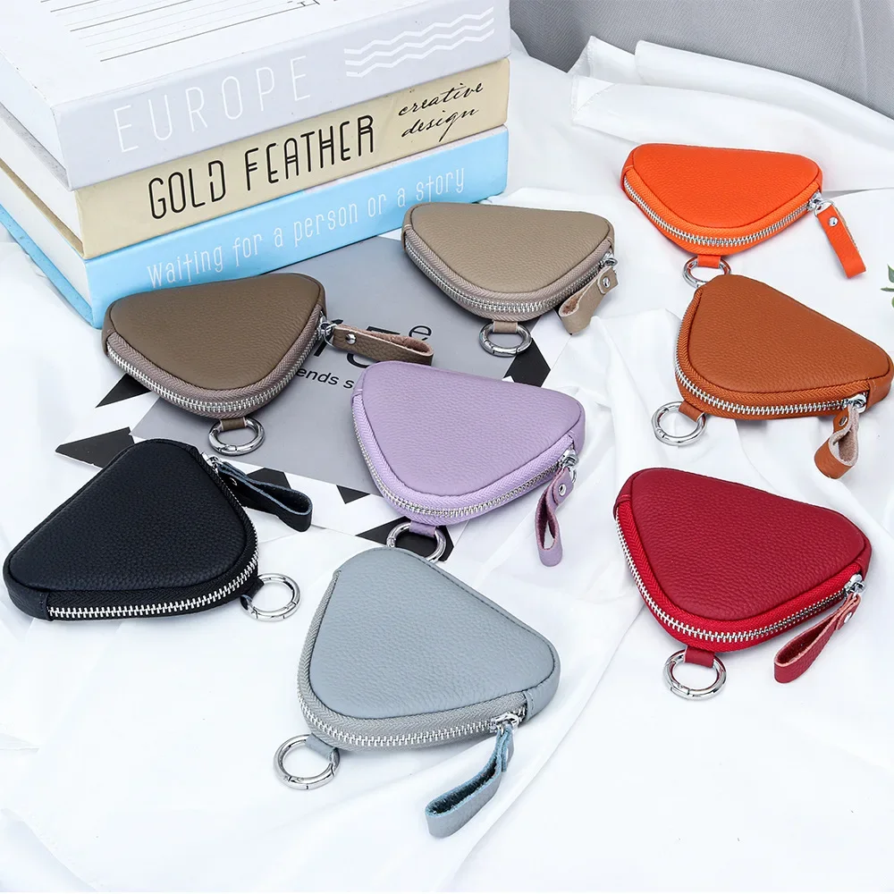 

Genuine Leather Zipper Coin Purse Slim Wallet for Women Soft Cow Leather Womens Mini Purse with Key Ring Wallet Triangle Purse