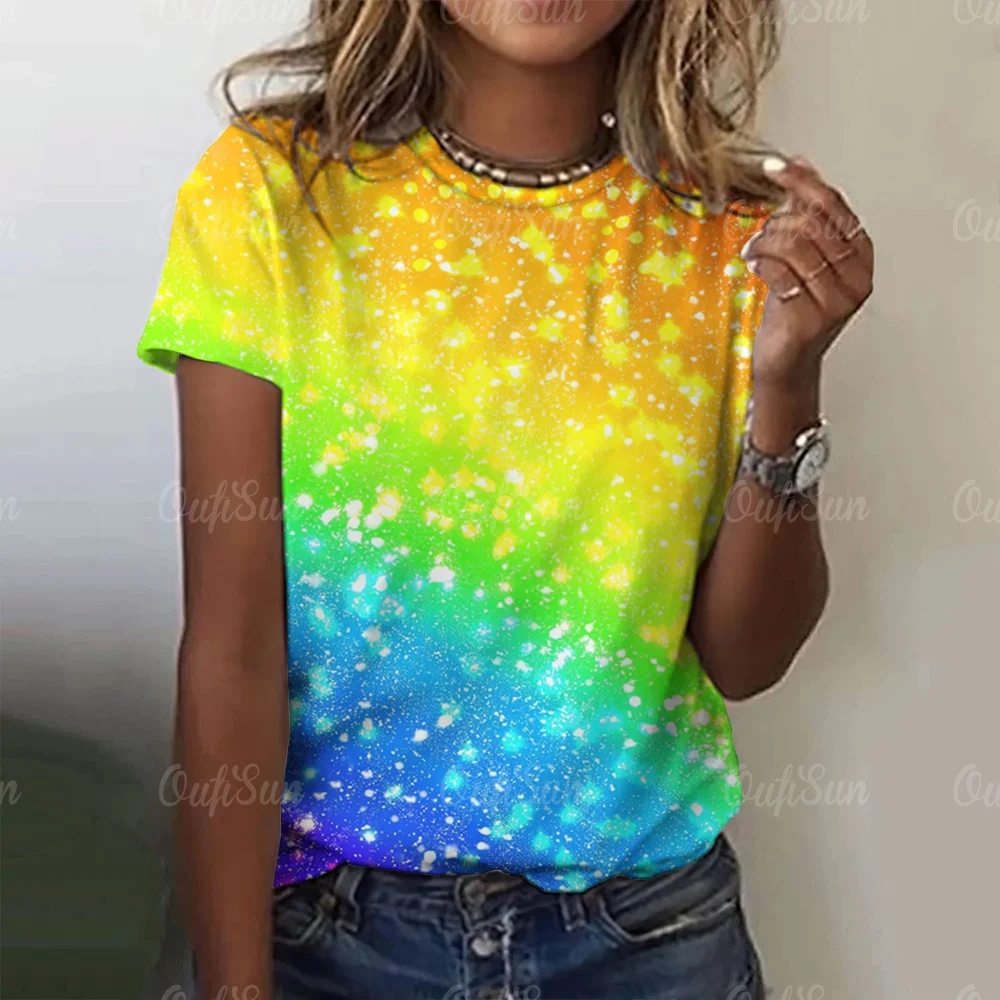 

New Glitter Sparkle T-Shirt Rainbow Colorful Print Trendy T Shirts Short Sleeves Casual Tshirt Beach Printed Top Tees Large Size