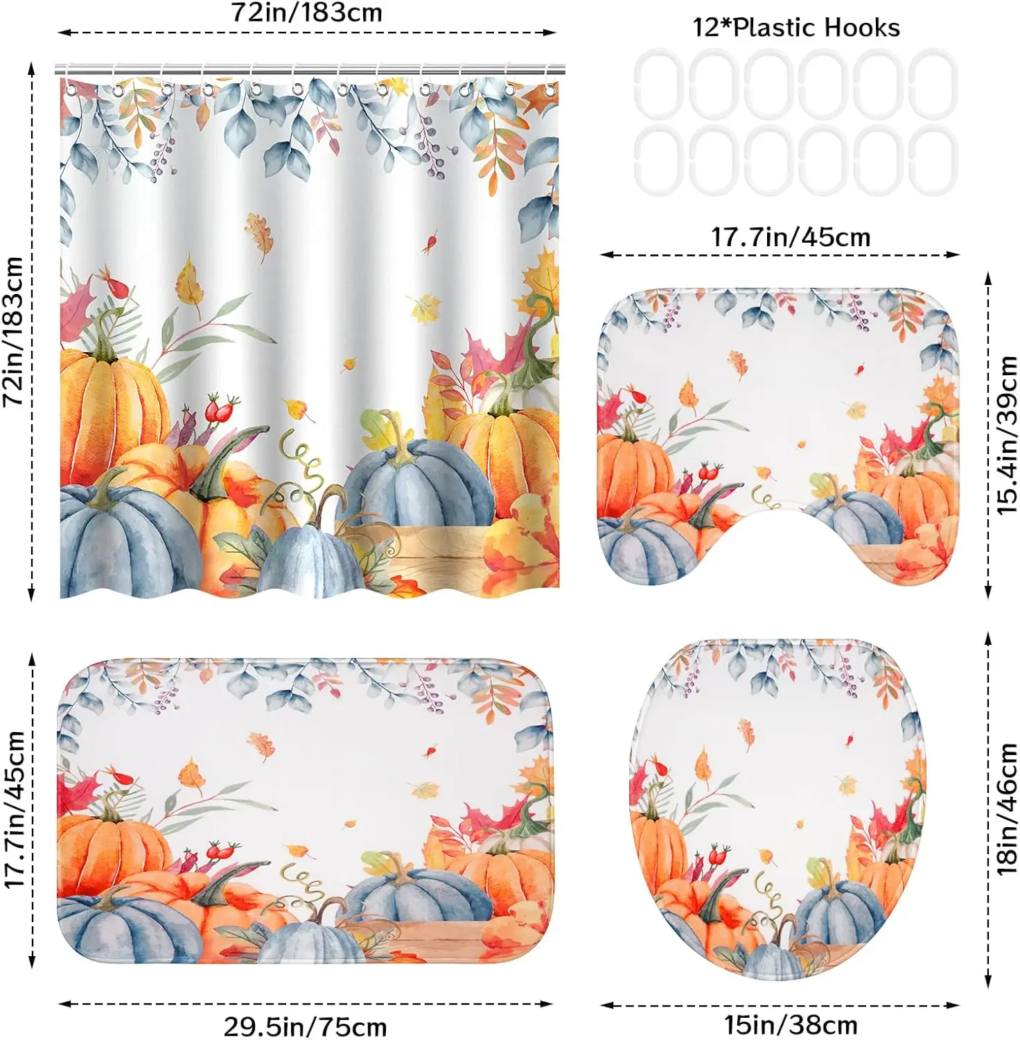 Fall Bathroom Shower Curtain Sets - 4Pcs Fall Pumpkin Bathroom Set with Shower Curtain Non-Slip Rugs Toilet Lid Cover Bath Mat