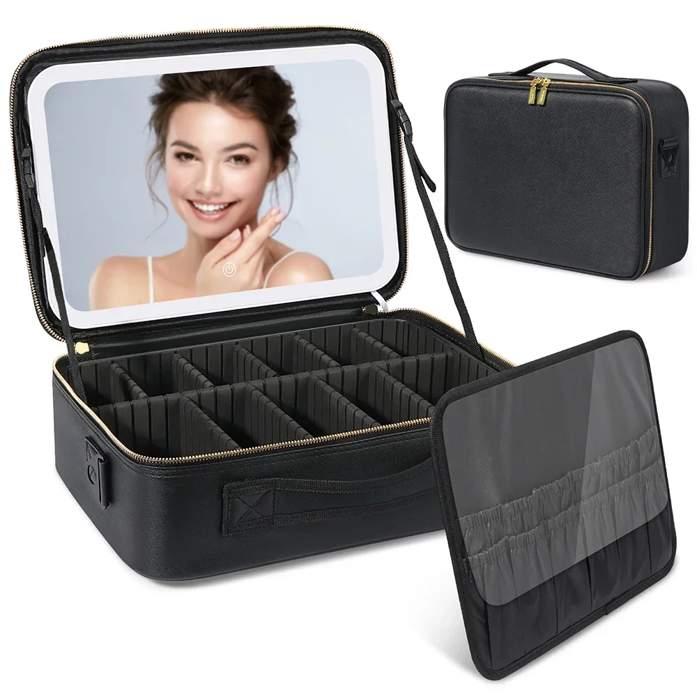 Bolsa de maquillaje de viaje con luz LED 2025 con espejo, organizador de maquillaje portátil impermeable, estuche de cosméticos, regalo de cumpleaños para niñas y mujeres