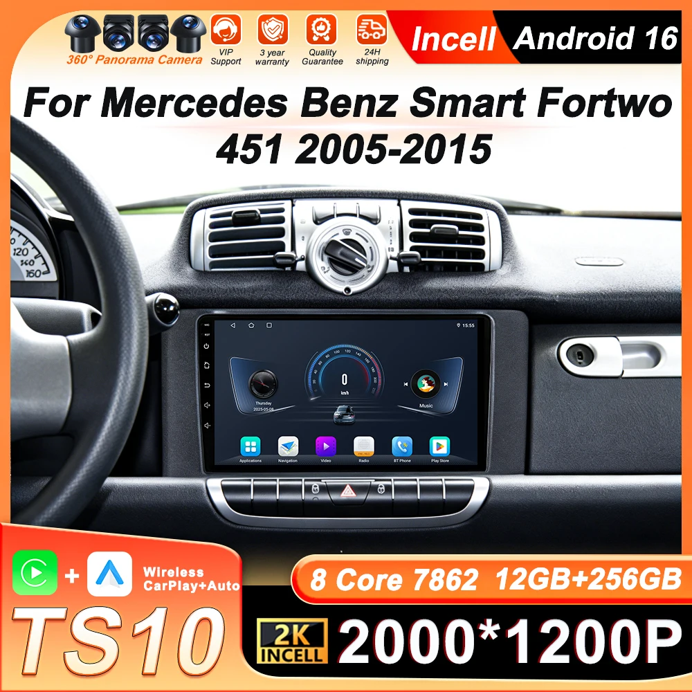 

Android 16 Carplay Car Radio Player For Mercedes Benz Smart Fortwo 451 2005-2015 4G Wifi Stereo Head Unit GPS Navigation DSP BT