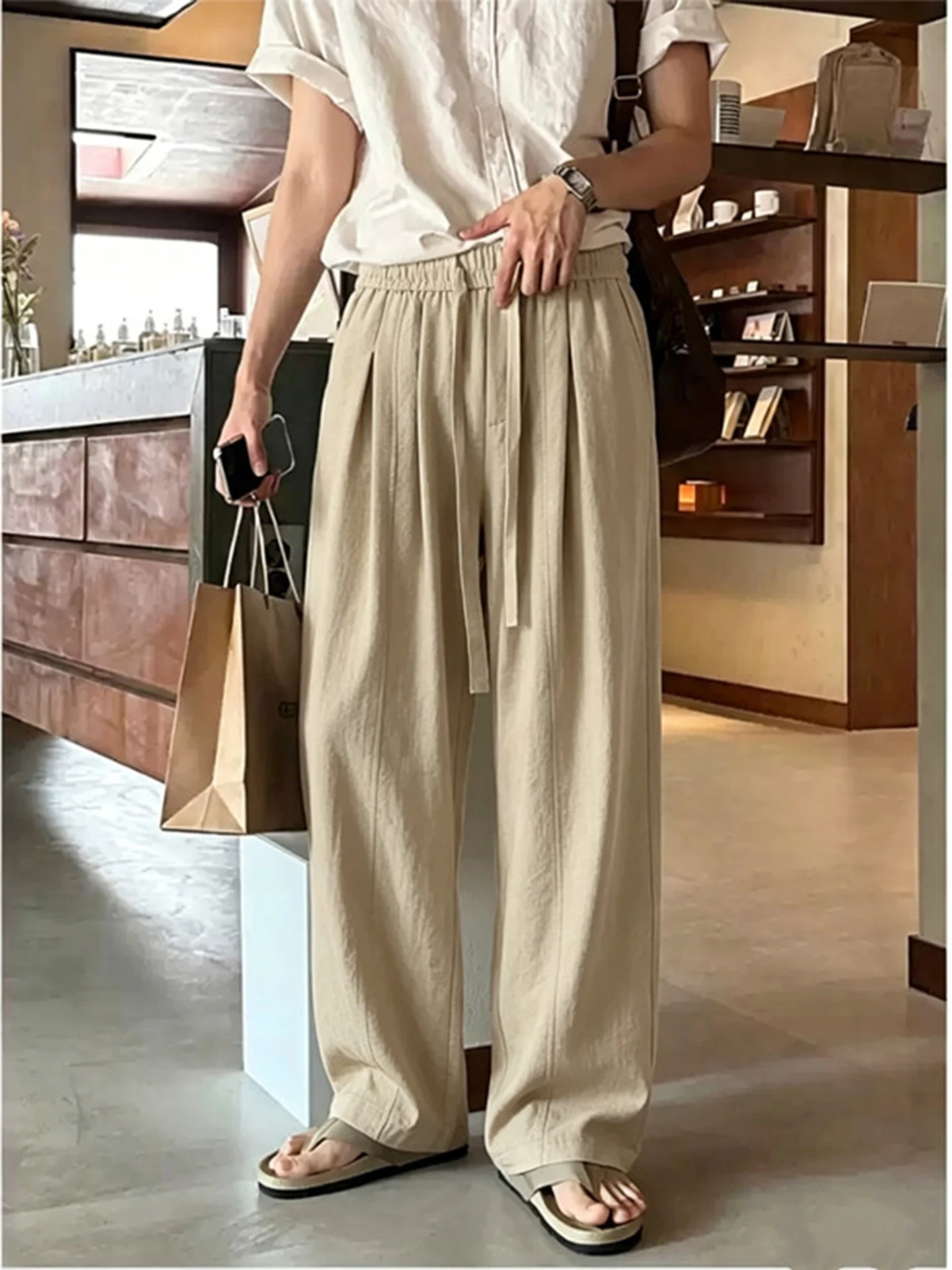 Men's Summer Thin Ice Silk Straight Leg Pants CleanFit Loose Feelings Bend Knife Long Trousers Casual Polyester Fiber