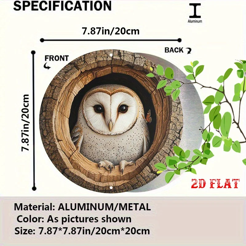 [2D Flat] A Round Metal Poster Showcasing a Retro Tin Sign with a Barn Owl Resting in a Tree Hollow, Perfect for a Serene Beac