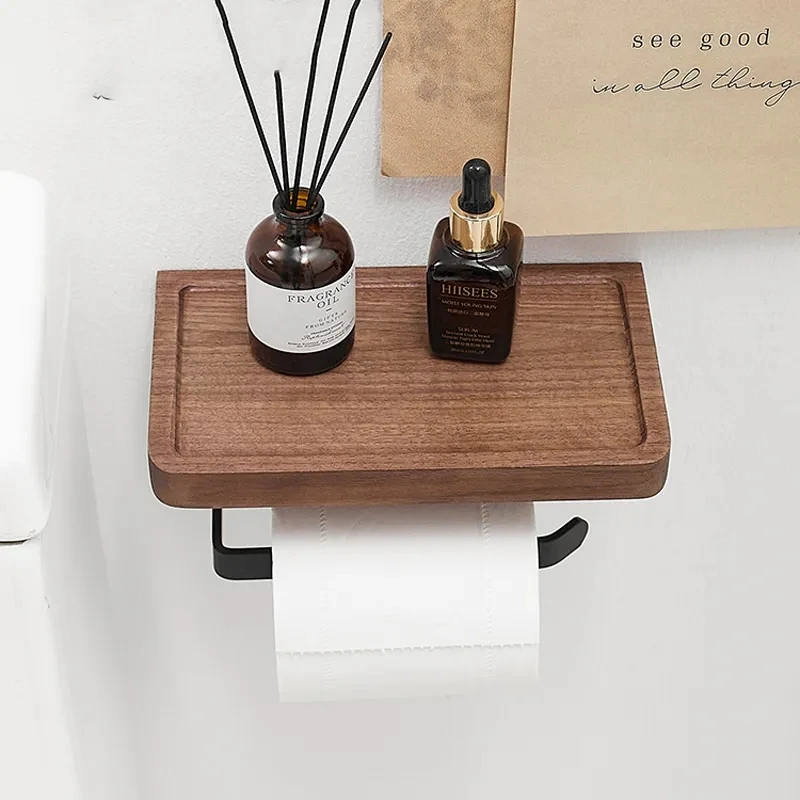 Wooden Toilet Paper Holder With Shelf Wall Mount Rustproof Matte Black Toilet Paper Holder Wall Mount Toilet Paper Roll Holder