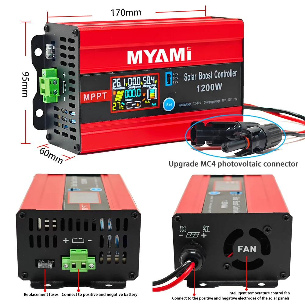 

Контроллер заряда MYAMI MPPT Solar Boost 1200W, регулируемый, 48В/60В/72В, макс. 30А, входное напряжение PV, DC-усилитель для LiFePO4 аккумуляторов