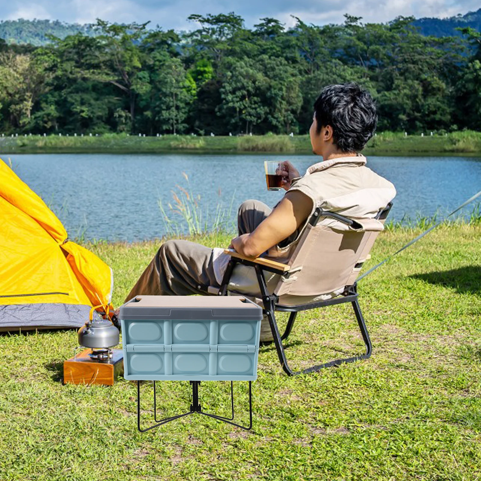 

Foldable Outdoor Camping Box Stainless Steel Cooler Holder Picnic Hiking Storage Black Portable Collapsible Rack