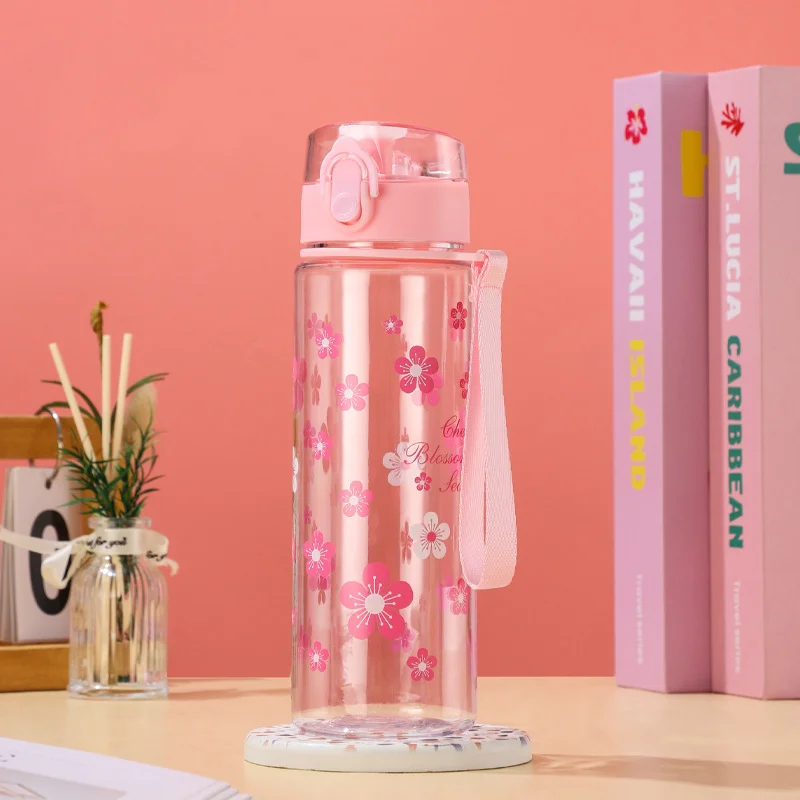 LUSQI 500ML Plastic Water Bottle With Cherry Blossom Pattern BPA-Free Leak-Proof Handle Cup Suitable For Gym Hiking