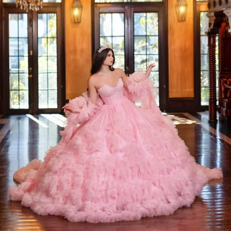 

Customized pink Off Shoulder Quinceanera Dress crystal sequin Tull layering ruffle Lace vestidos de 15 Quinceanera