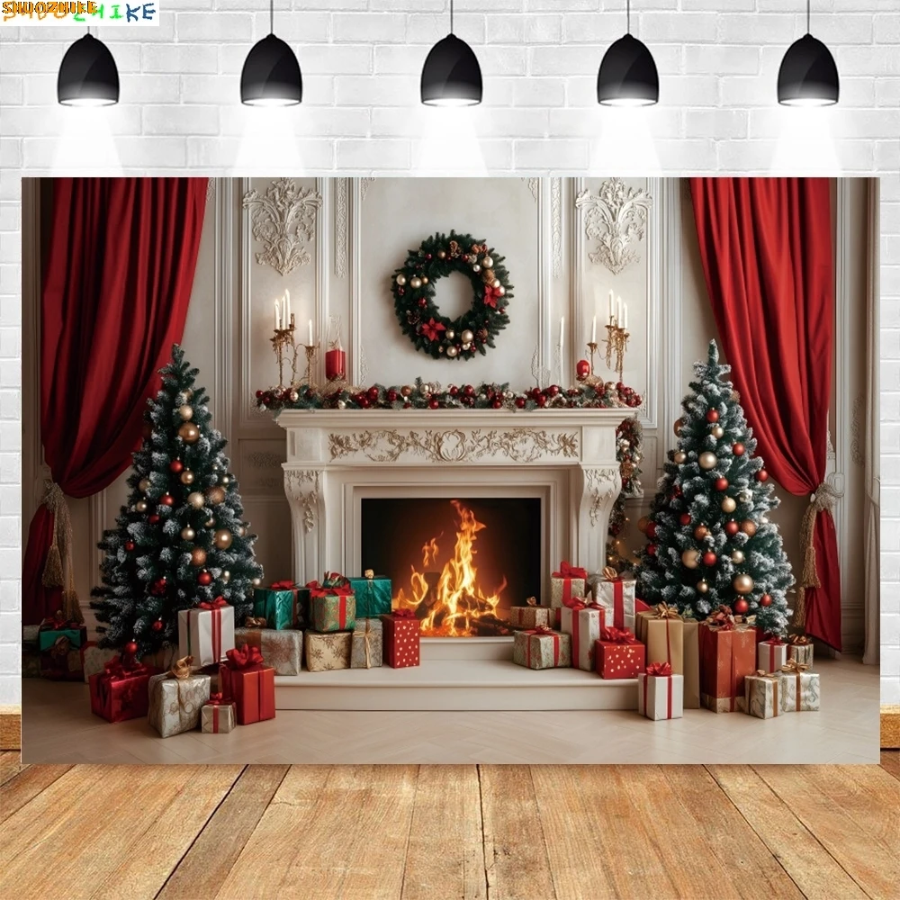 

Christmas Day New Year Party Photography Backdrops Prop Window Living Room Interior Xmas Tree Snow Theme Photo Background BG-38