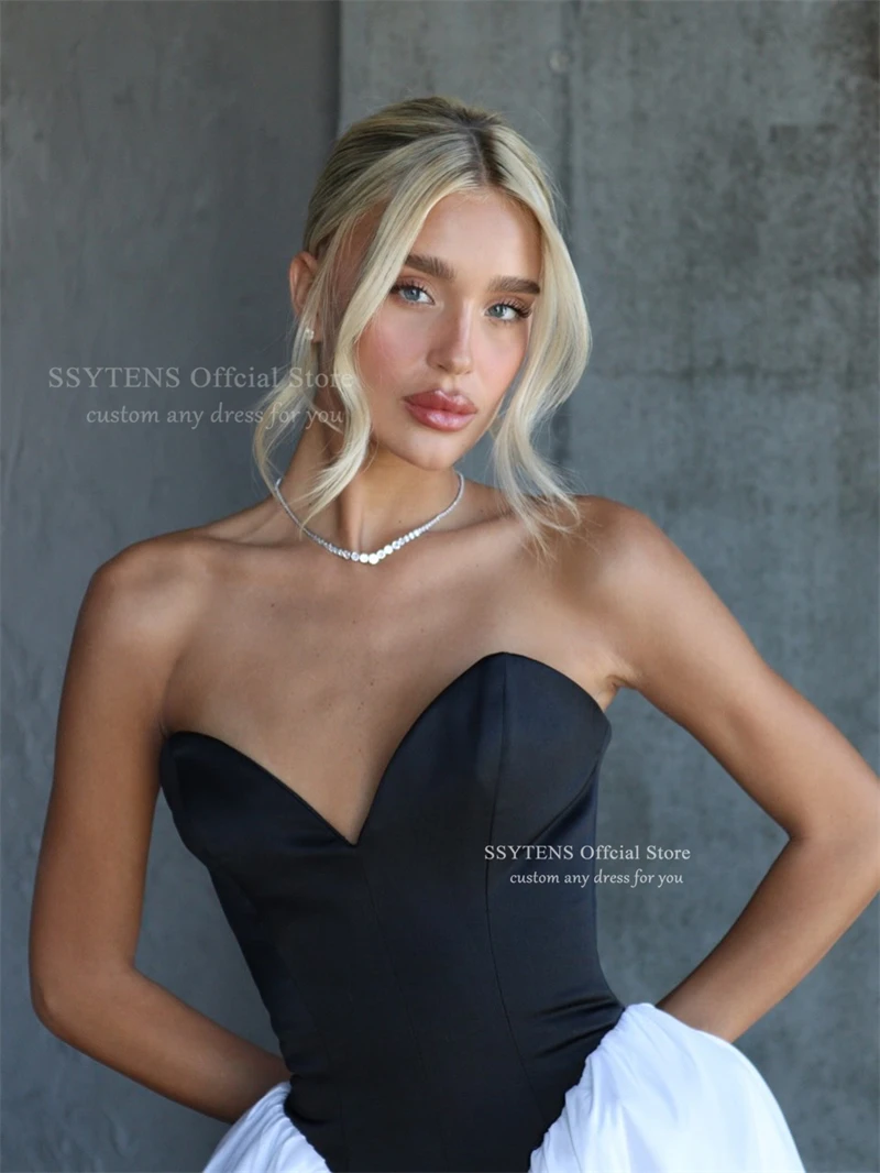 SSYTNS Chic Schwarz Und Weiß Satin Abendkleider Sexy Lange Vestidos De Fiesta Sweeethart Elegantes Robes De Soirée Angepasst