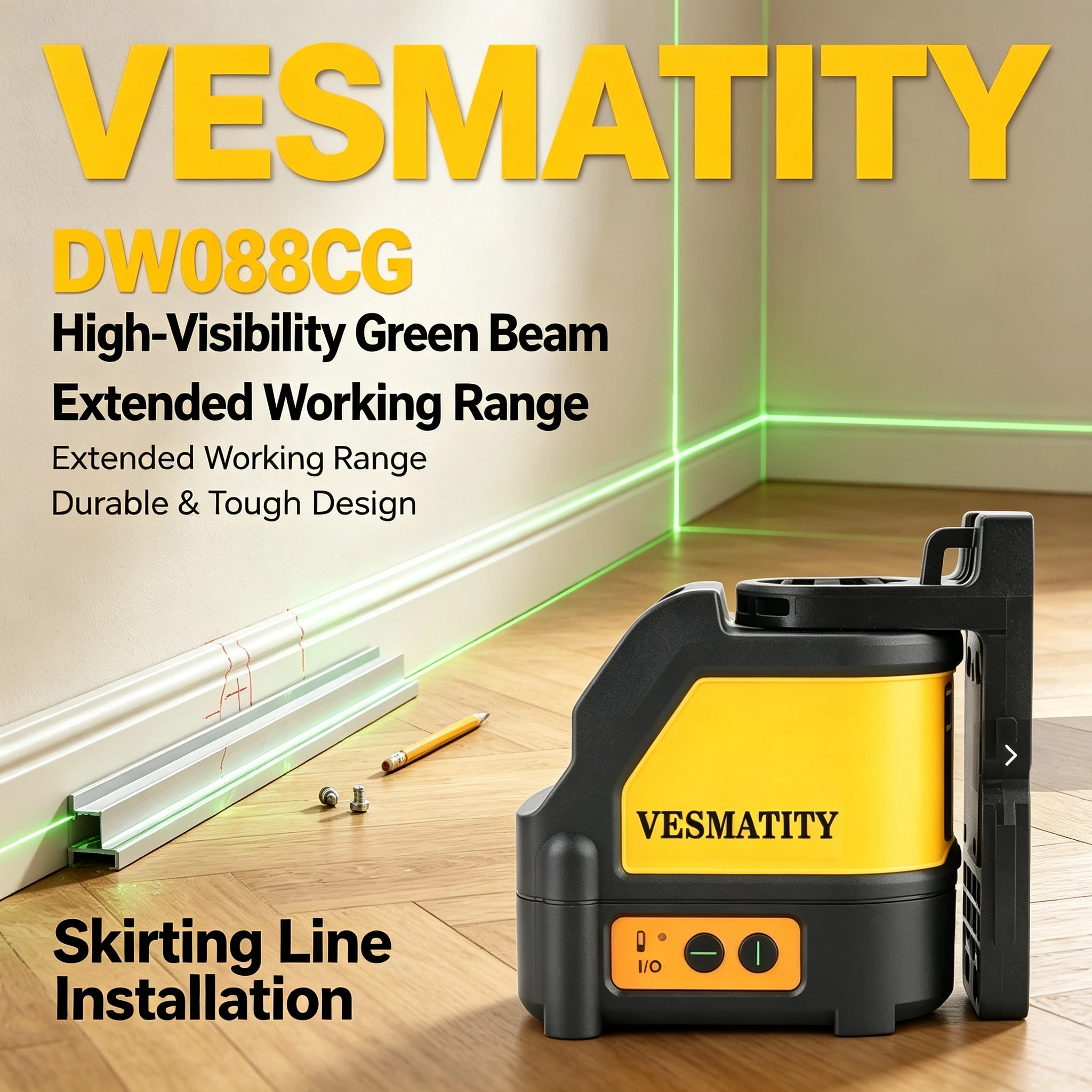 Green Cross Line Laser Level Vesmatity DW088CG Self Levelling High Precision Alignment for Construction Layout Building Core