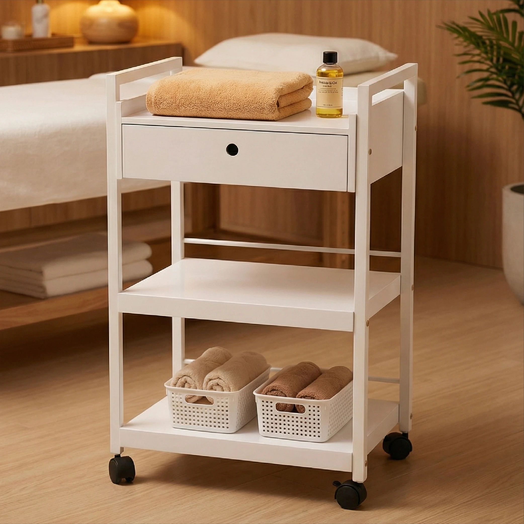 Nail Beauty Salon Spa Trolley 3-Tier White Wood Mobile Beauty Cart with Drawer Wheels Contemporary Design