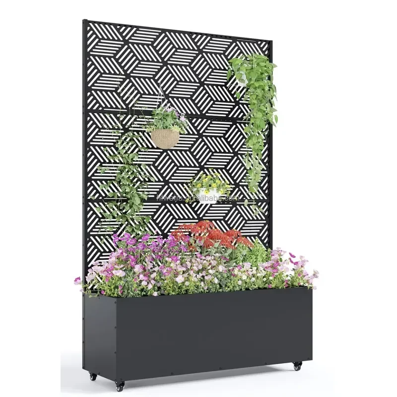 Galvanized Steel Mobile Planter with Wheels and Pillars Elevated Outdoor Garden Bed for Climbing Plants Vegetables and Vines