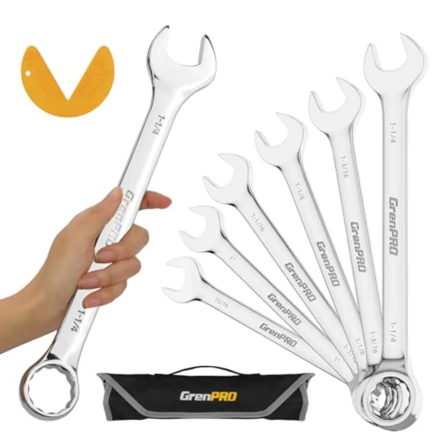 

7-Piece 15/16" 1" 1-1/16" 1-1/8" 1-3/16" 1-1/4" Long Big Open End Wrench Tools Set Roll Up Pouch Organizer with Gauge 12 Point