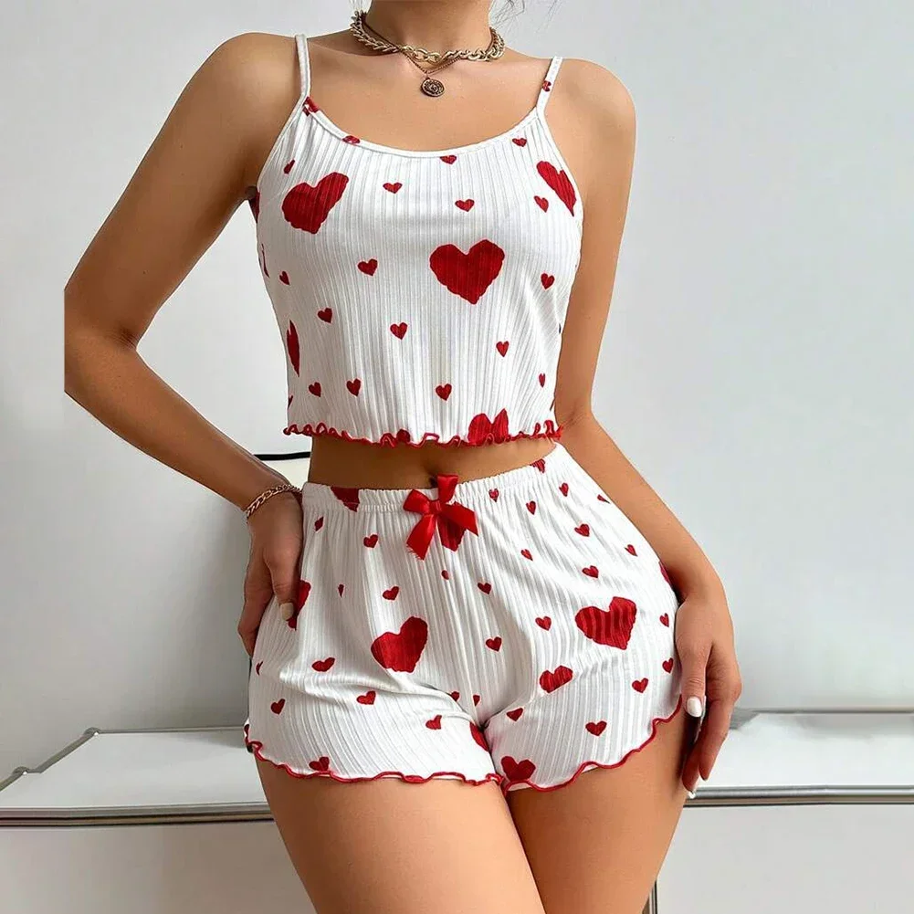 Women's Pajamas Suspenders Heart Print Shorts Two Piece Set Summer Cute Style Comfortable Sleepwear Pajamas Set