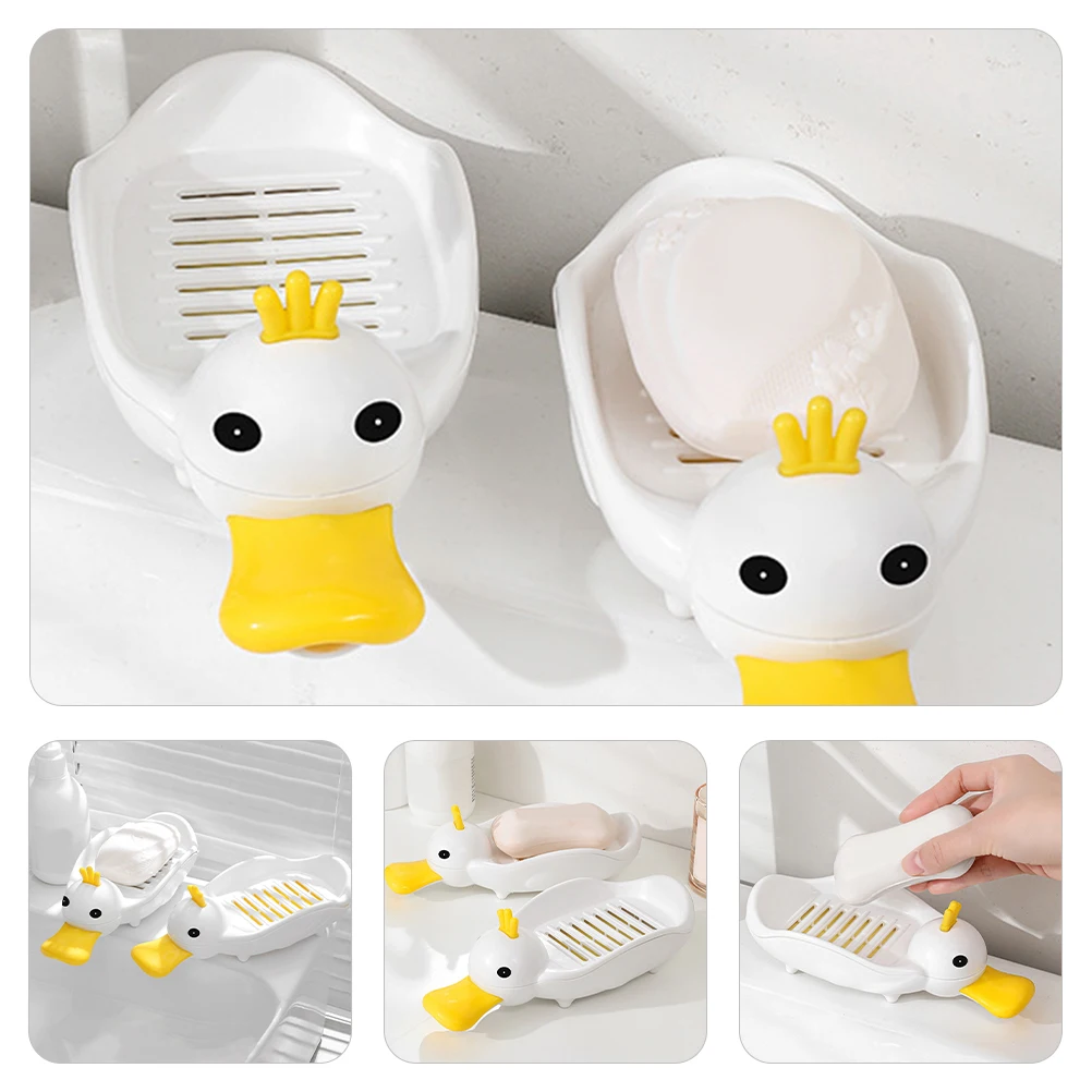 

Cute Duck Soap Dish White Self draining Cartoon Storage Box Plastic Holder Bathroom Kitchen Travel PP Material