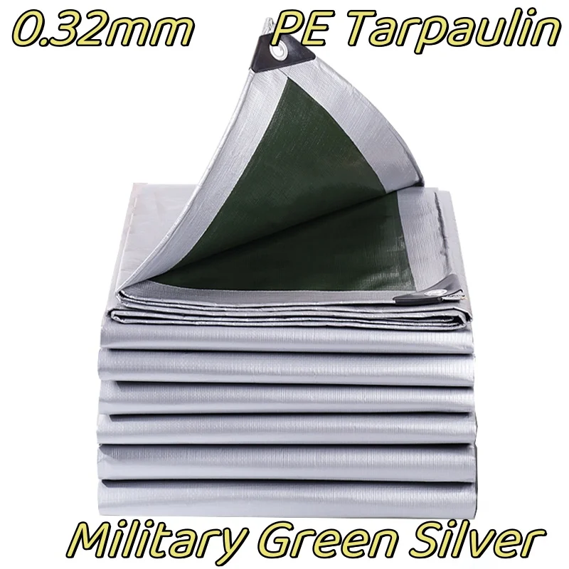 0.32mm PE Tarpaulin Silver Army Green Poly Tarp, Stain Resistant Tear Resistant Easy To Clean Outdoor Protective Cover