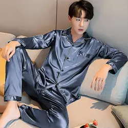 Ice Silk Sleepwear Men Silk Pajama Set Big Size Nightwear Long Sleeve Long Pant Button Loungewear Cardigans Loose Casual