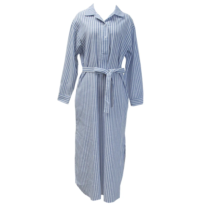 Bleu blanc rayé taille cintrée irt Dr femmes ample longue coton coréen Sle col de trajet t-shirt bouton Long Sle...