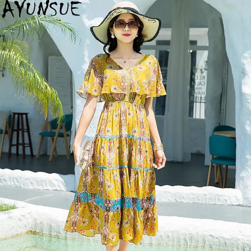

100% Mulberry Silk Elastic Waist Dress 2024 Summer New Floral V-neck Ruffle Sleeve High Waist Long Dress No Lining Ropa De Mujer