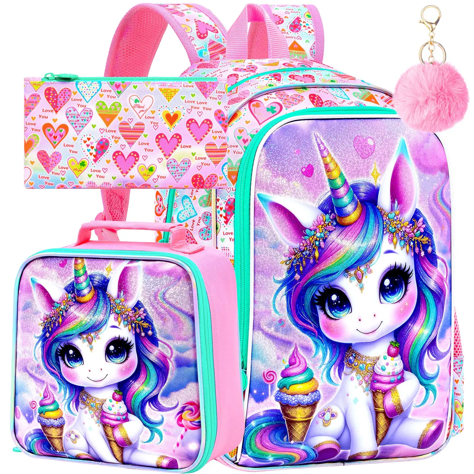 

3PCS Unicorn Backpack for Girls, 16" Kids Bookbag with Lunch Box, Water Resistant School Bag for Elementary Preschool Toddler